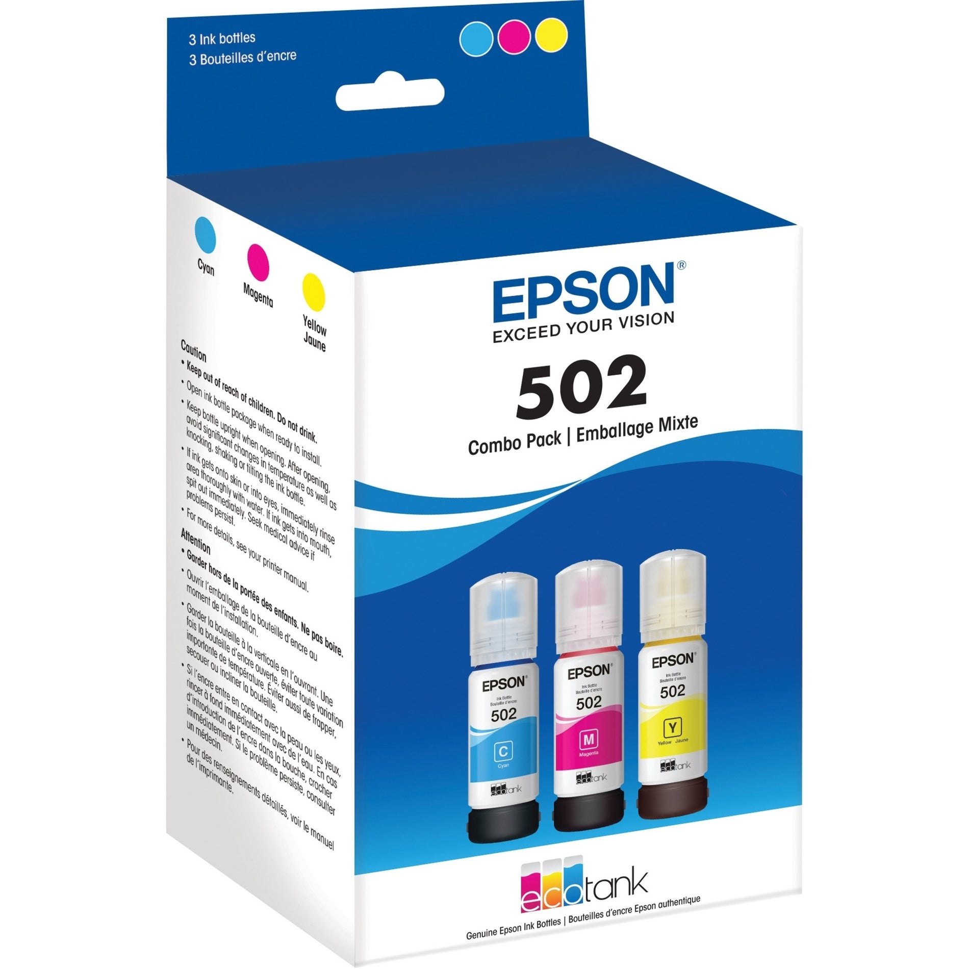 Epson T502 T502520-S Multi-Color Ink Cartridges C/M/Y 3-Pack - For Epson WorkForce EcoTank Printers