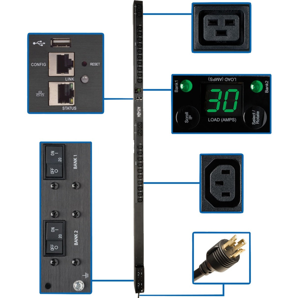 Control panel interface of Tripp Lite PDU showing network ports, digital display, and bank controls-alternate-image1