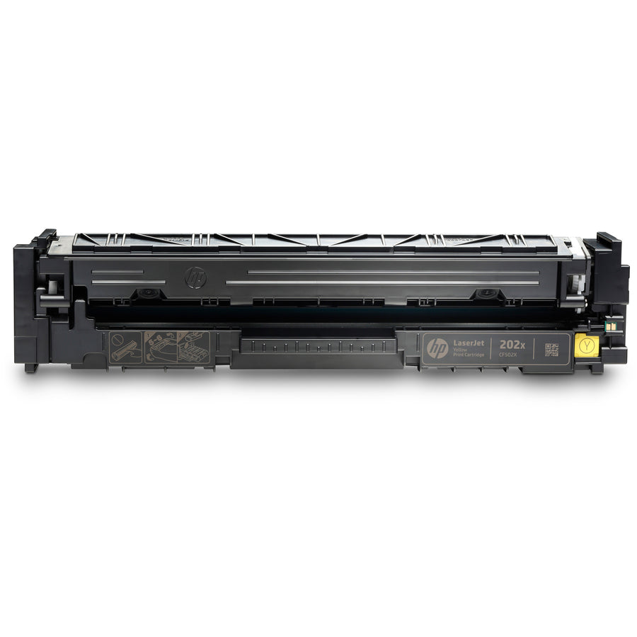 Front view of HP 202X yellow toner cartridge highlighting quality construction-alternate-image3