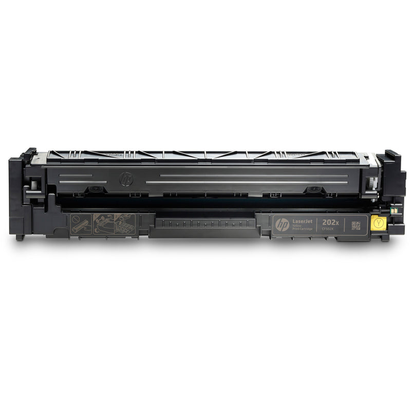 Front view of HP 202X yellow toner cartridge highlighting quality construction