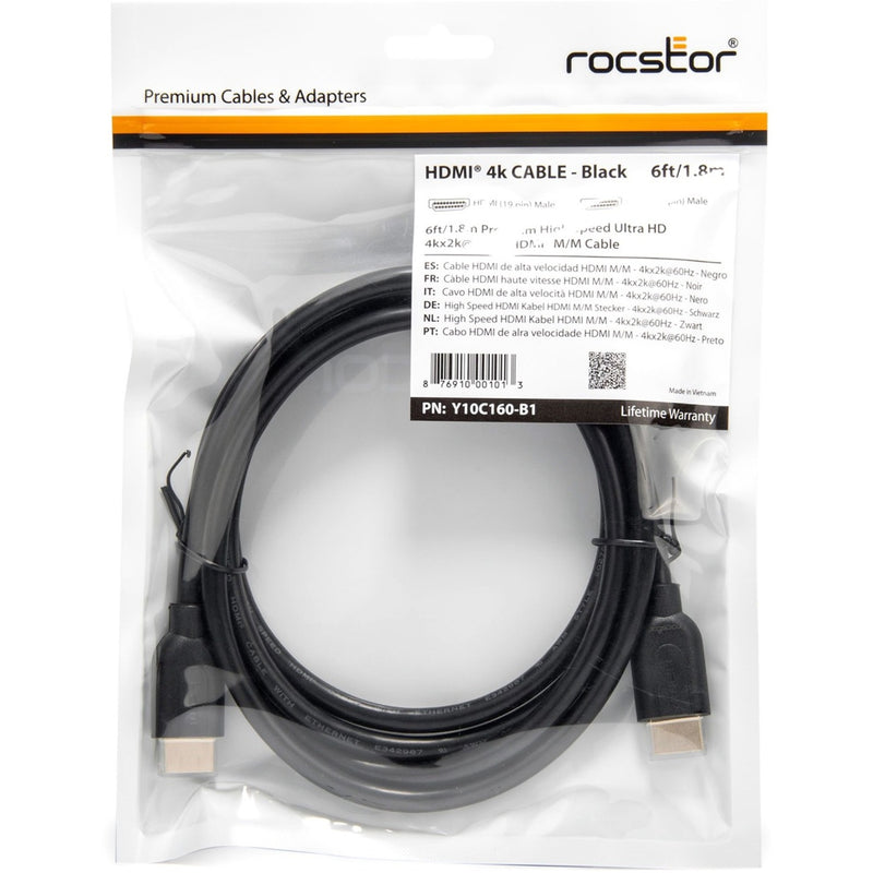 Rocstor HDMI cable retail packaging showing product specifications and multilingual information