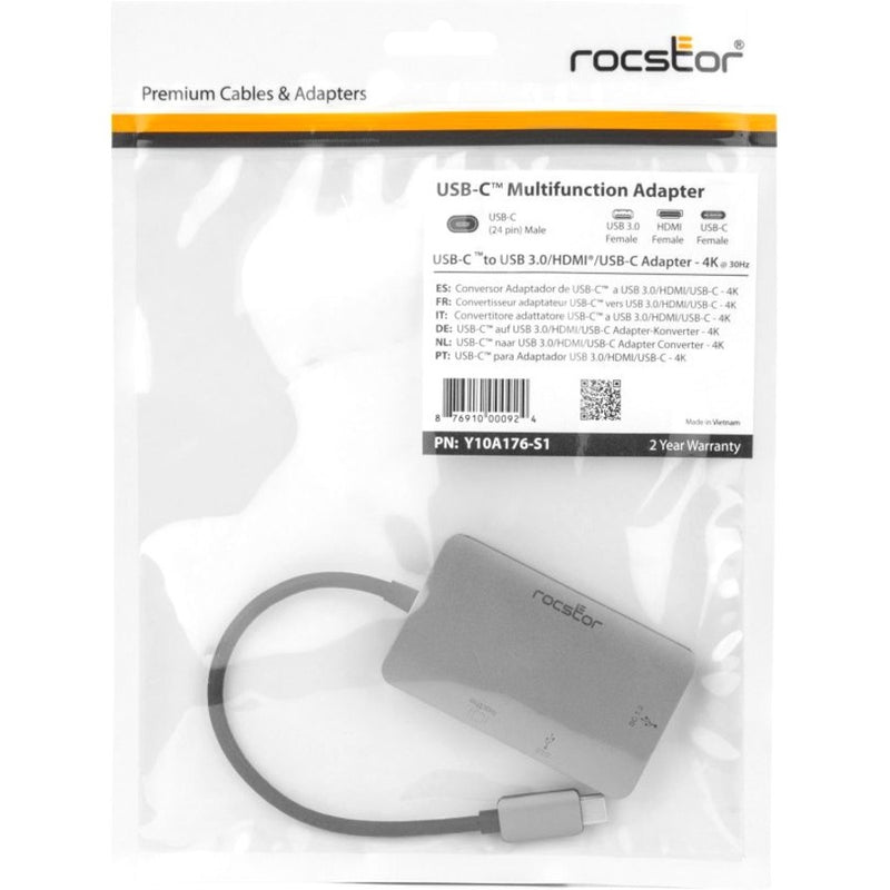 Retail packaging of Rocstor USB-C multiport adapter showing specifications and warranty information