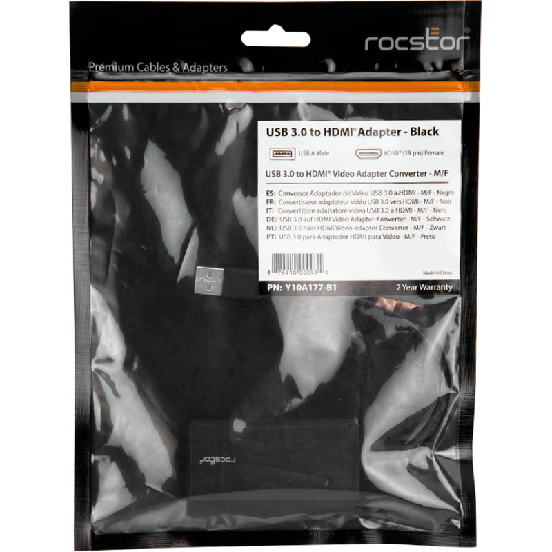 Retail packaging of Rocstor USB to HDMI adapter showing product information and specifications