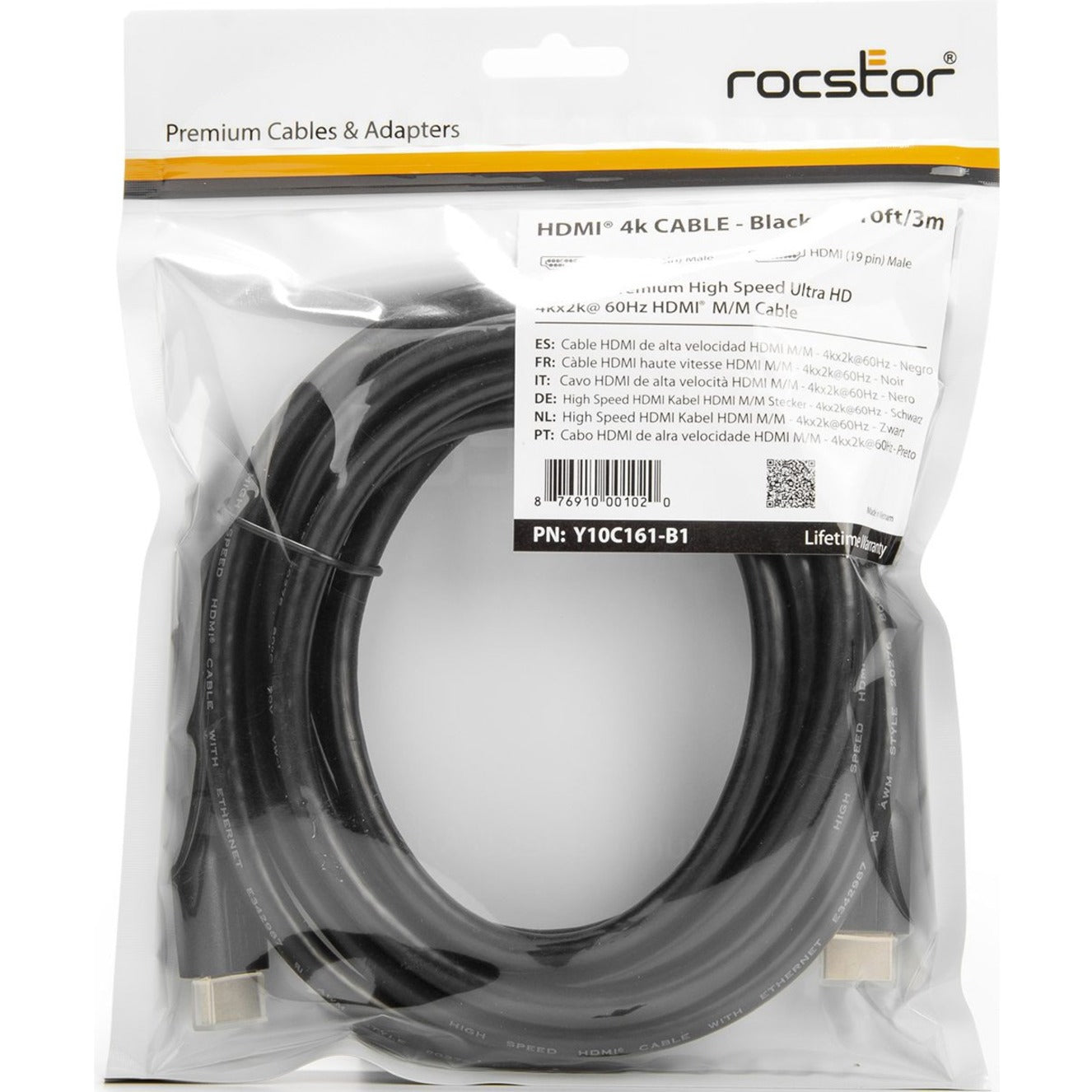 Rocstor Cavo Audio/Video HDMI Y10C161-B1 10 ft 4K2K 60Hz 18Gbps Garanzia a Vita