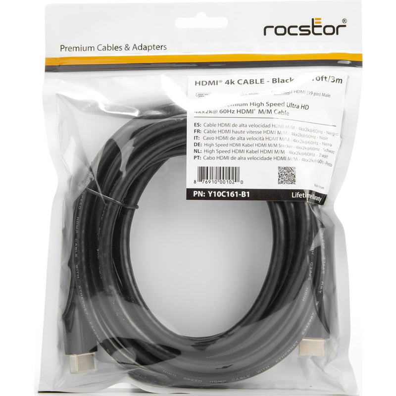 Rocstor HDMI cable in retail packaging showing product specifications and branding