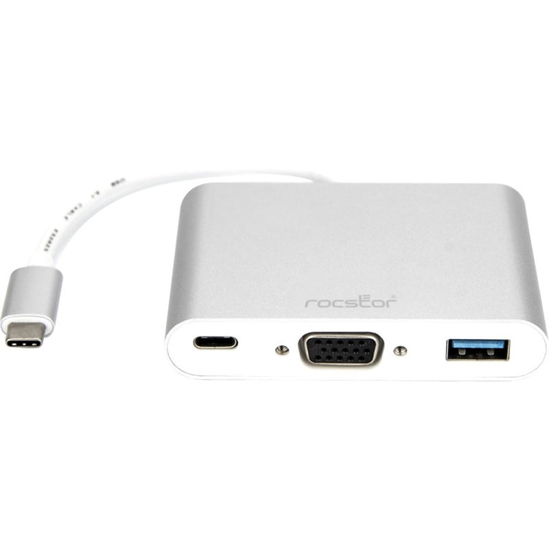 Rocstor USB-C multifunction adapter showing USB-C, VGA, and USB 3.0 ports against white background