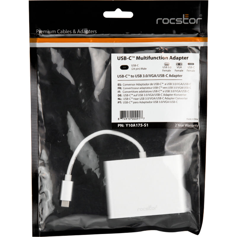 Retail packaging of Rocstor USB-C multifunction adapter with product details and warranty information