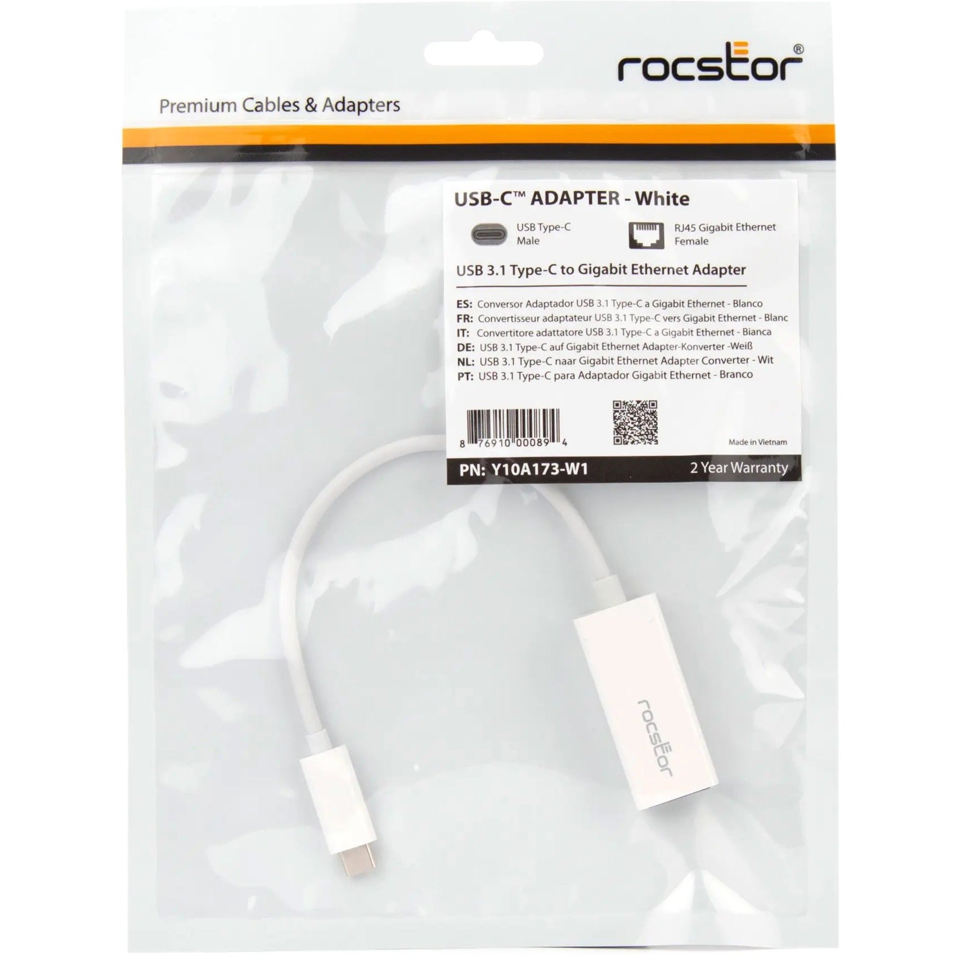 Rocstor Y10A173-W1 高级USB-C至千兆10/100/1000网络适配器 - 白色，USB-C 3.1至千兆1000Mbps Rocstor- 罗克斯托