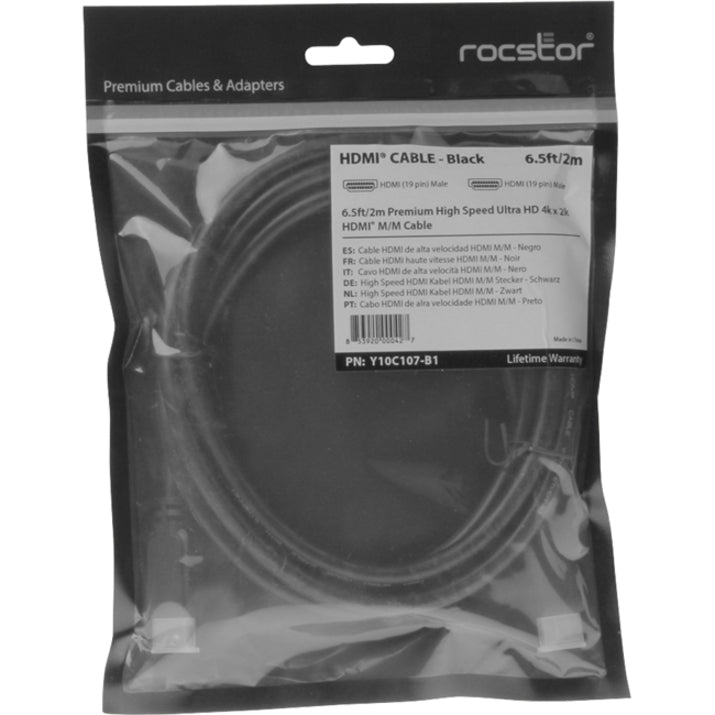 Rocstor HDMI cable retail packaging showing product specifications and warranty information