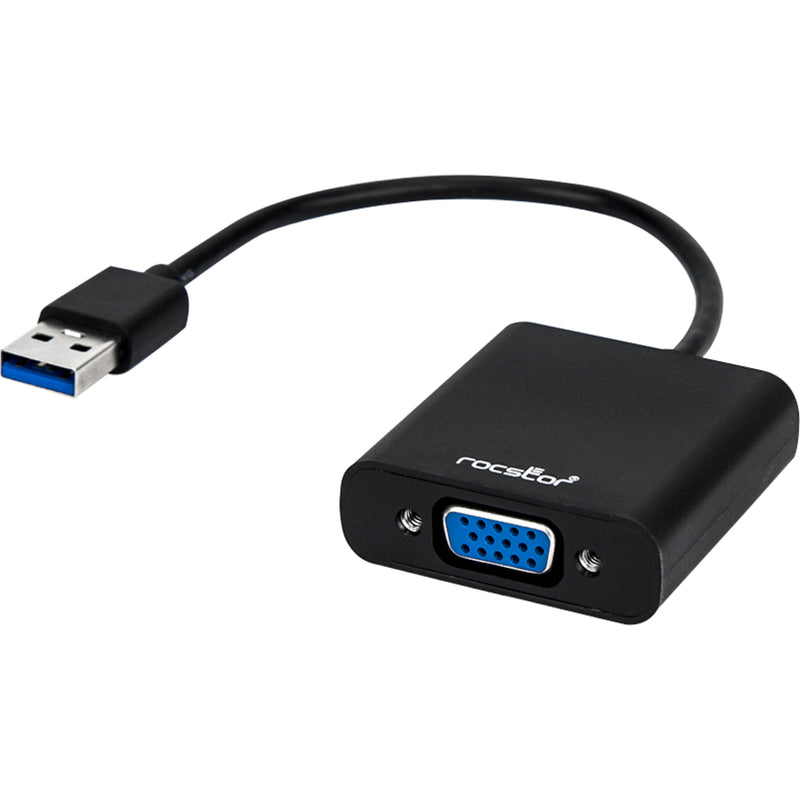 Detailed view of Rocstor USB 3.0 to VGA adapter emphasizing build quality and professional design