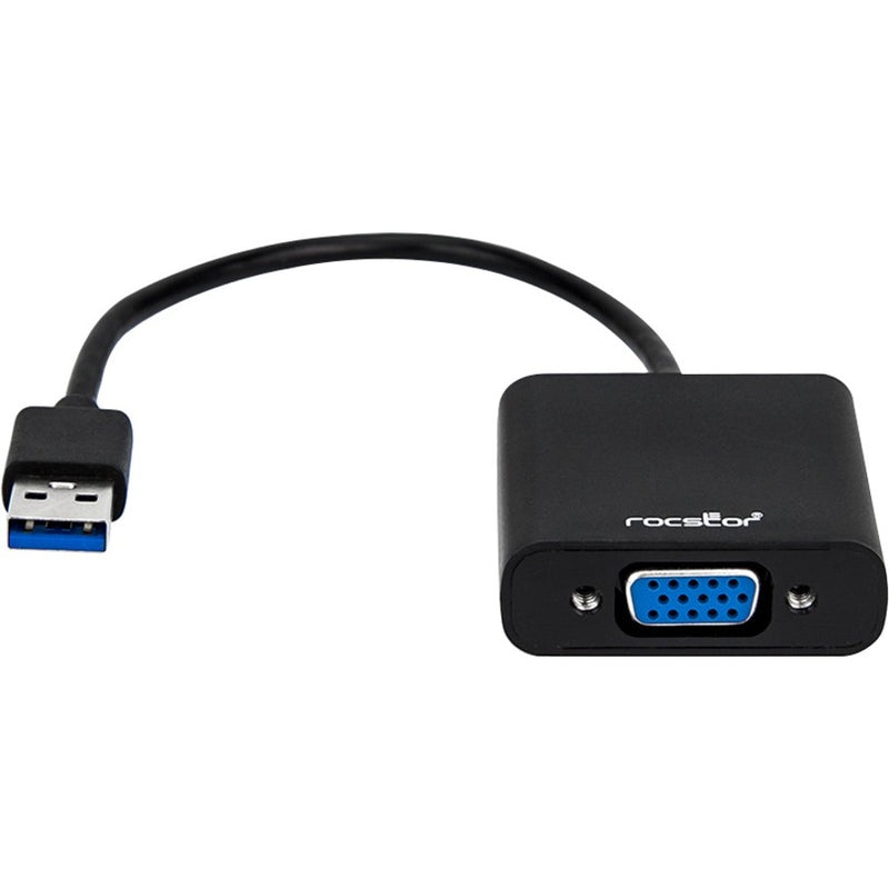 Rocstor USB 3.0 to VGA adapter showing USB male connector and VGA female port against white background