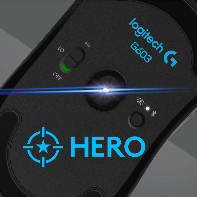 Detail shot of G603 featuring HERO sensor technology branding and specifications