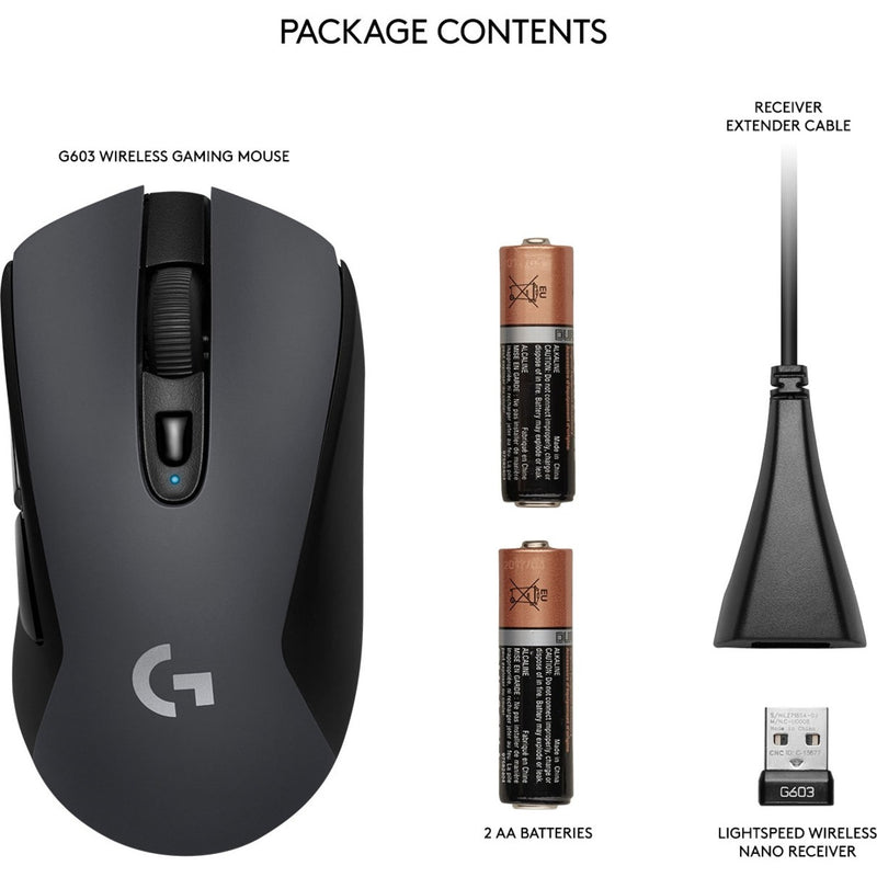 Package contents display showing G603 mouse, batteries, and accessories