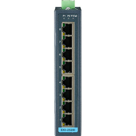 Close-up view of EKI-2528I-BE showing vertical port arrangement and LED indicators