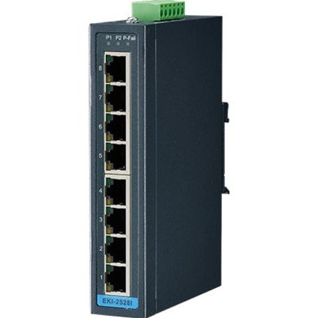 Front view of Advantech EKI-2528I-BE industrial Ethernet switch showing 8 network ports and green power terminal