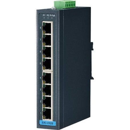 Front view of Advantech EKI-2528-BE industrial ethernet switch showing 8 ports and green power terminal