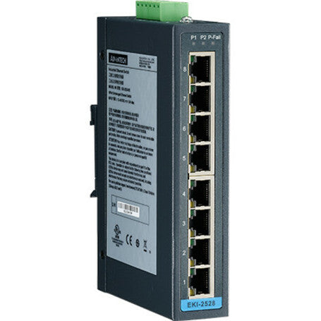 Rear view of EKI-2528-BE industrial ethernet switch showing technical specifications and mounting options