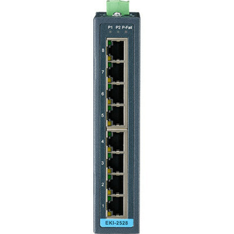 Side profile of EKI-2528-BE switch displaying numbered ethernet ports and status LEDs