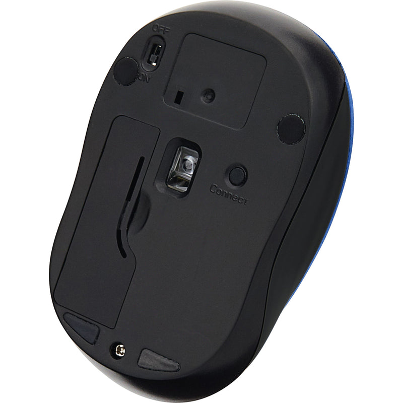 Bottom view of Verbatim Silent Mouse showing power switch, sensor, and battery compartment