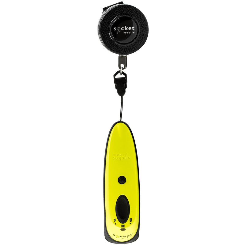 Full view of Socket Mobile retractable clip attached to yellow barcode scanner