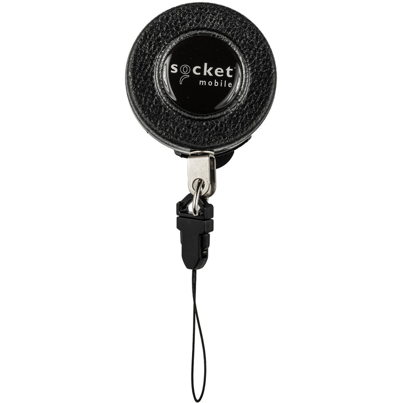 Socket Mobile retractable clip showing black textured housing with branded logo and retractable tether attachment