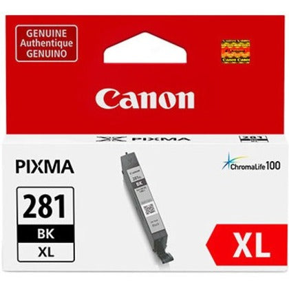 Canon CLI-281 XL Black Ink Cartridge in retail packaging showing product details and ChromaLife100 logo-alternate-image1