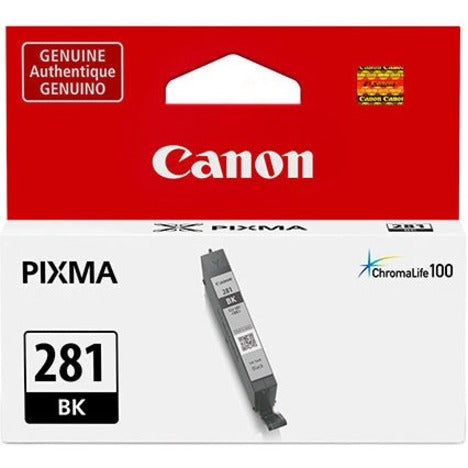 Canon CLI-281 genuine black ink cartridge in retail packaging showing ChromaLife100 technology compatibility