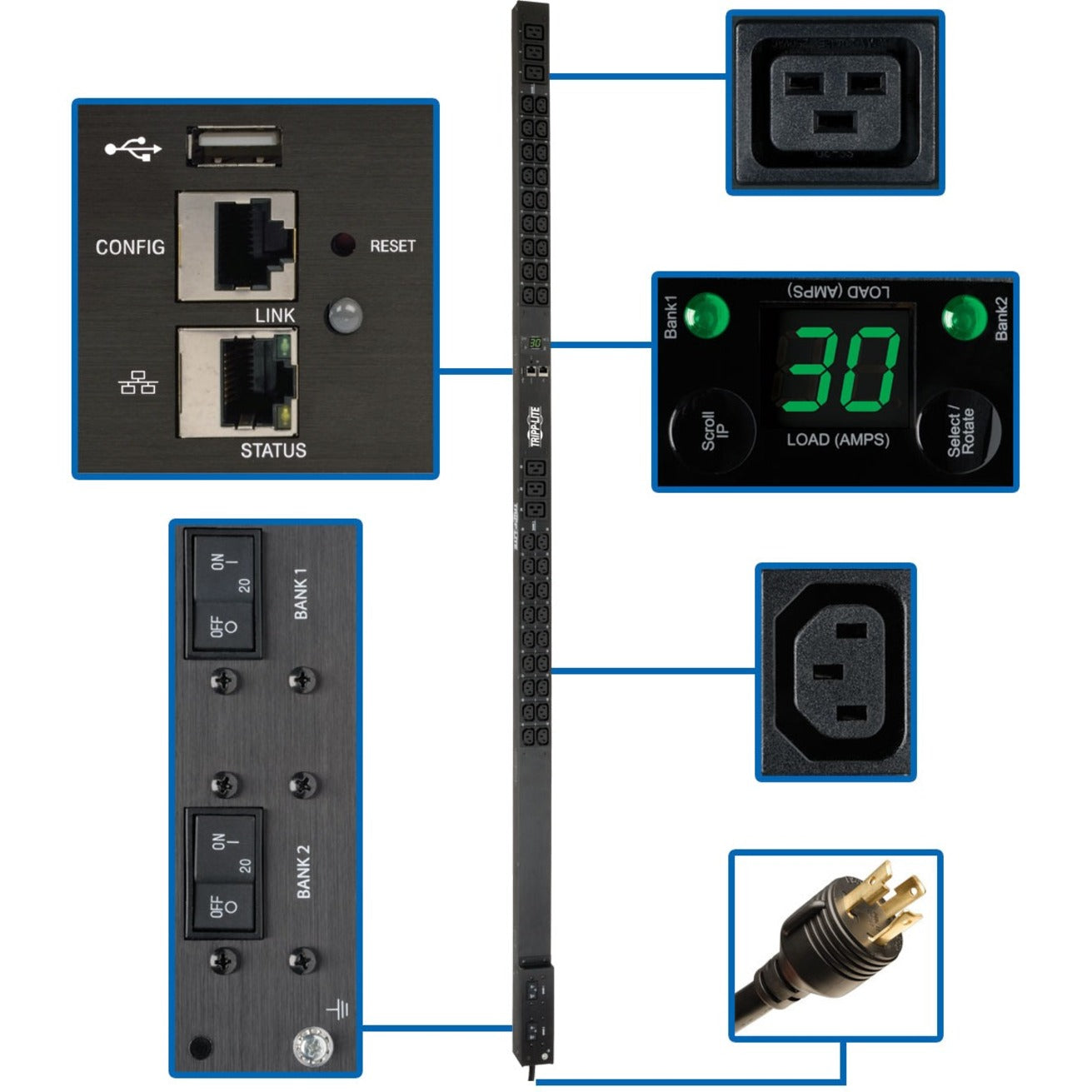 Detailed view of PDU control interface showing network ports, digital display, and outlet connections-alternate-image1