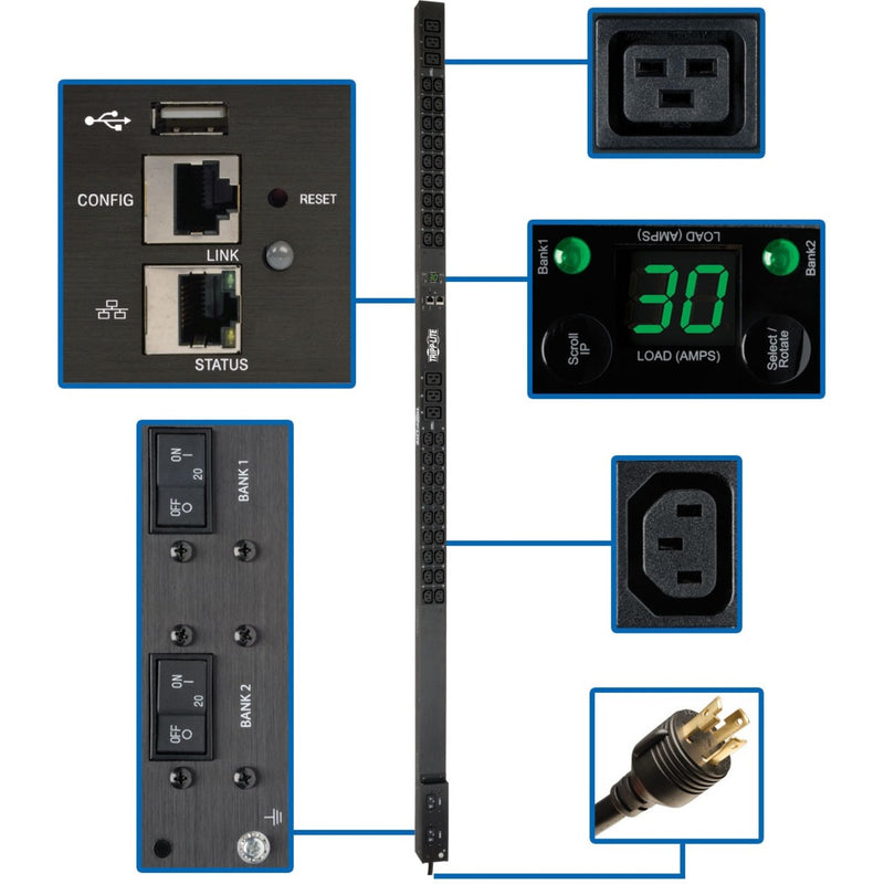 Detailed view of PDU control interface showing network ports, digital display, and outlet connections