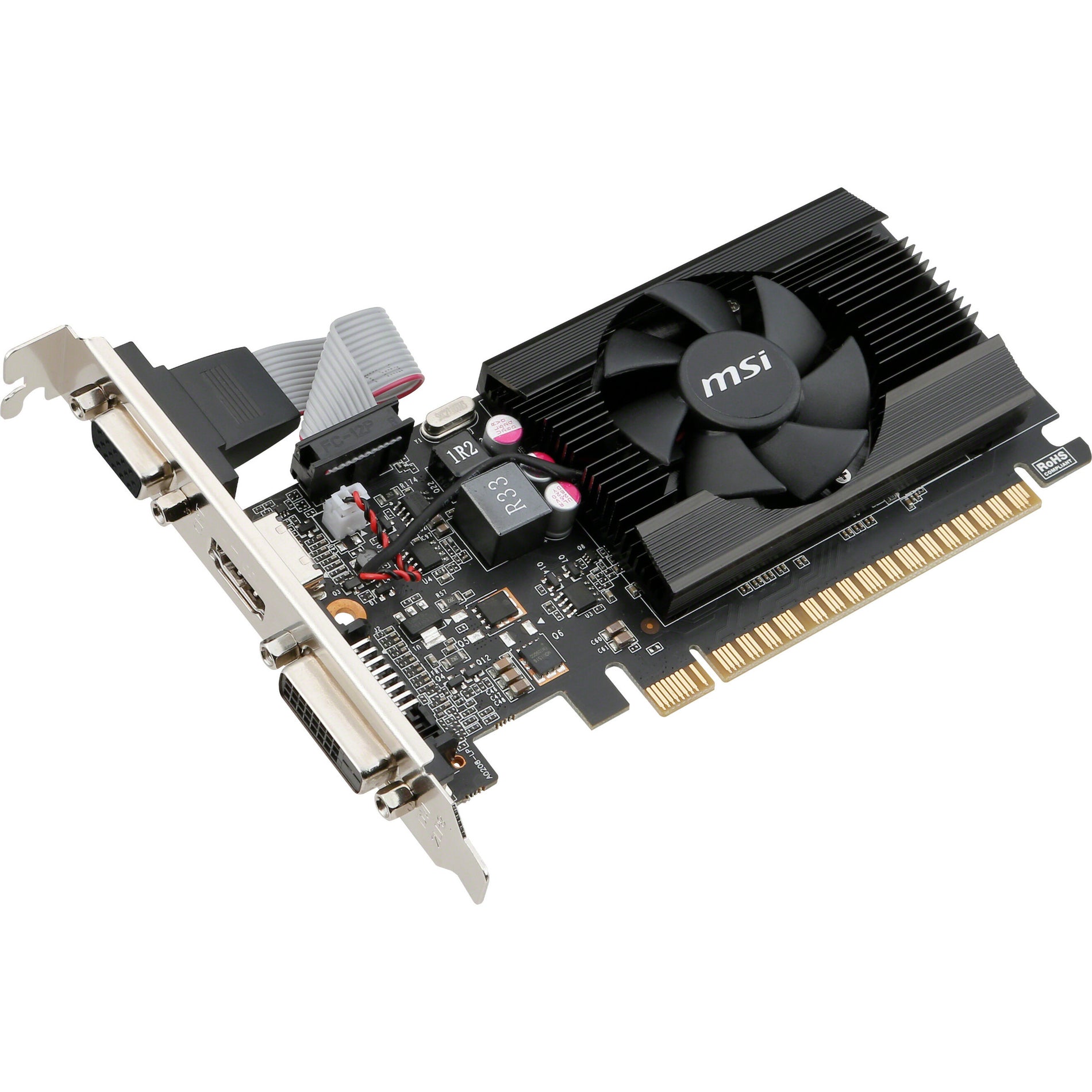 Angled view of MSI GT 710 graphics card showing PCB layout and cooling system-alternate-image5