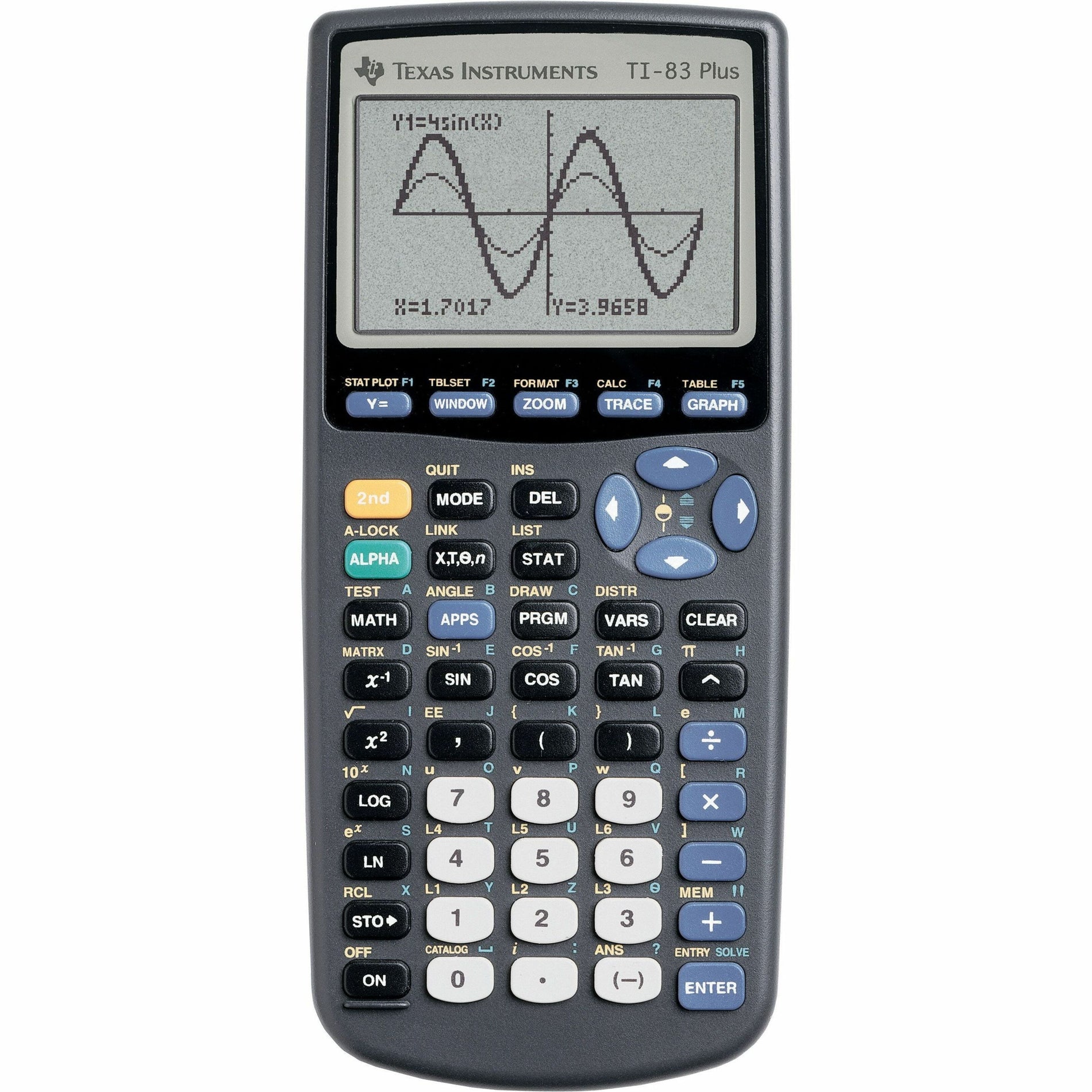 TI-83 Plus graphing calculator displaying a sine wave function graph on LCD screen with comprehensive keypad layout including mathematical, statistical, and programming functions-alternate-image1