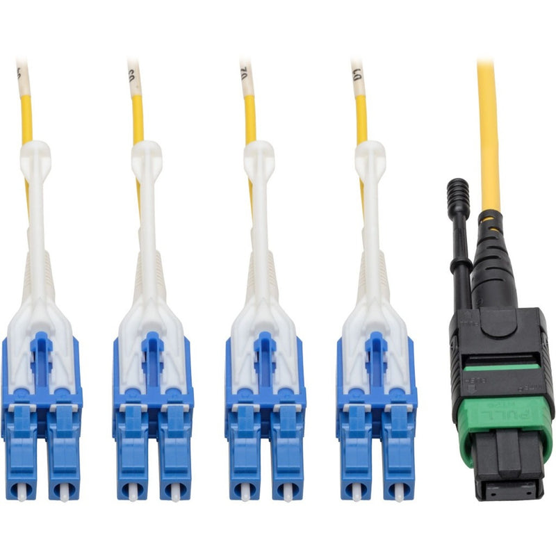 Close-up view of MTP/MPO to 8xLC connectors showing blue LC connectors and black MTP/MPO connector with yellow fiber cable