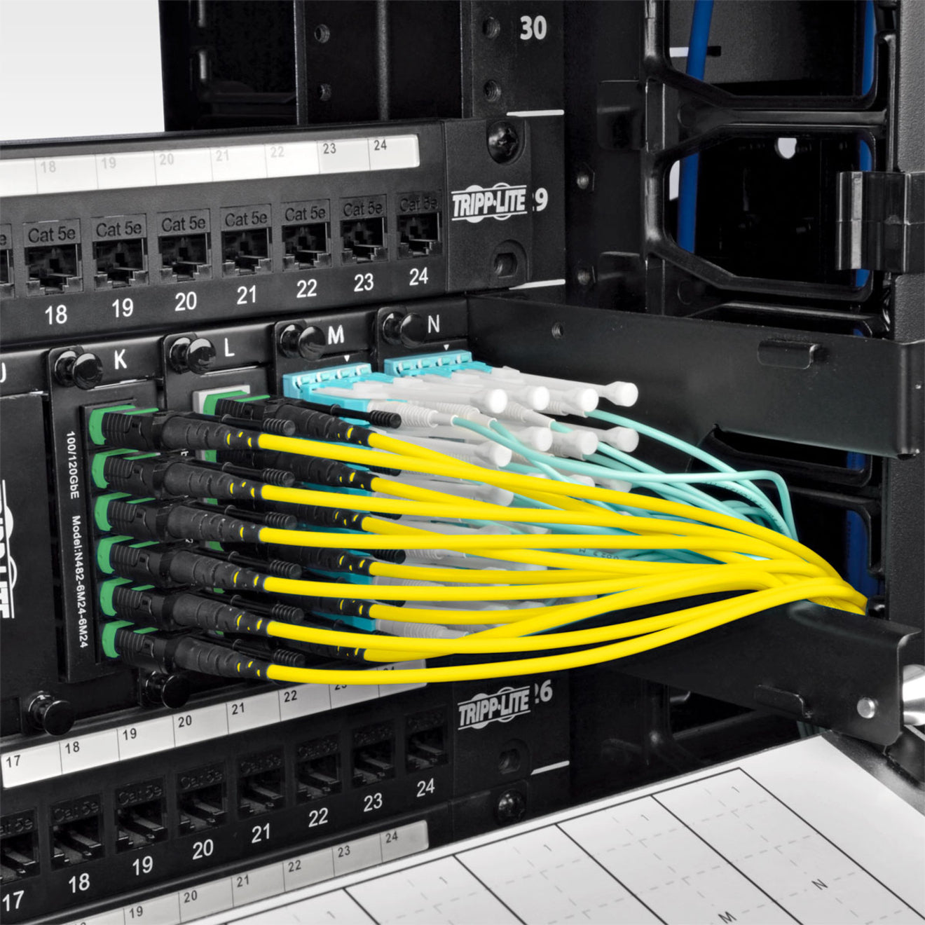 Installation view of yellow fiber breakout cable in data center rack with multiple connections-alternate-image2