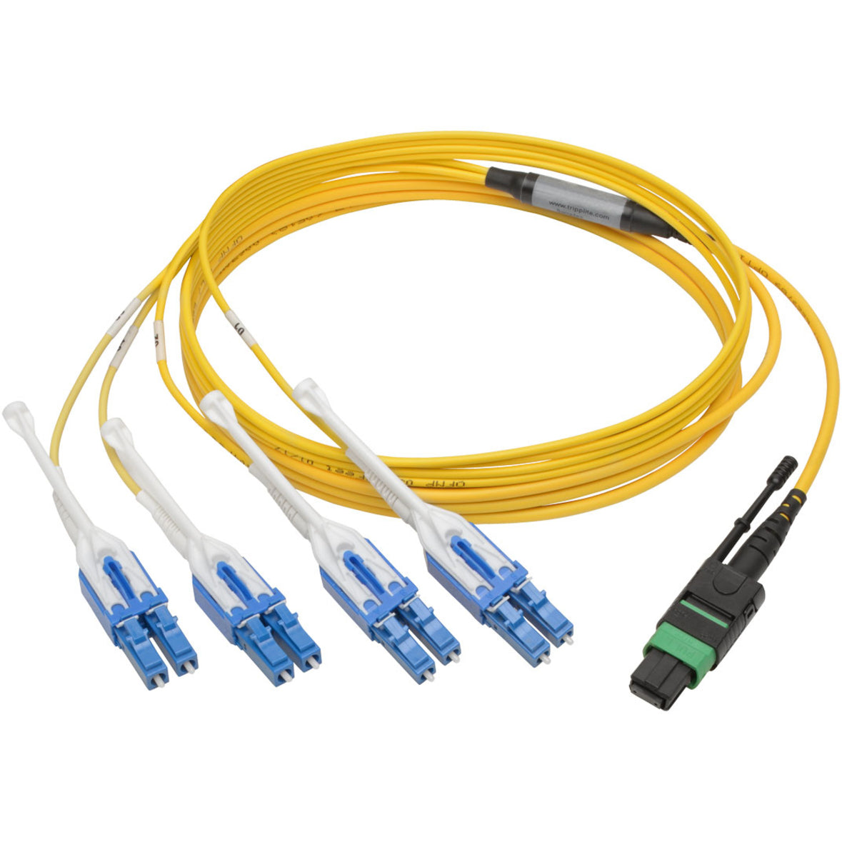 Full length view of yellow MTP/MPO to 8xLC breakout cable showing all connectors and cable-alternate-image3