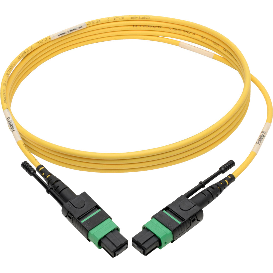 Full length view of yellow singlemode fiber patch cable with MTP/MPO connectors on both ends-alternate-image3