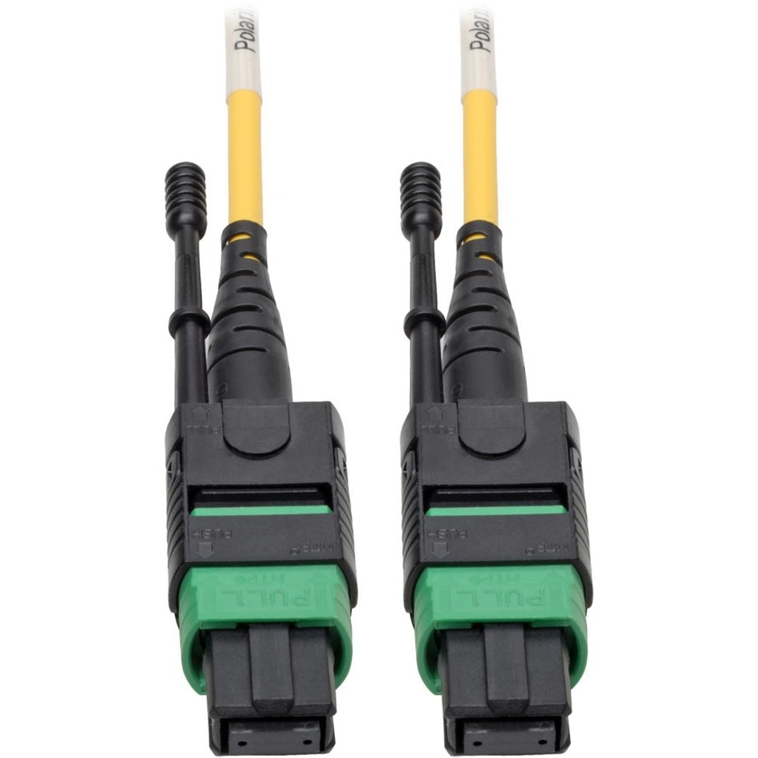 Close-up view of MTP/MPO fiber optic connectors with green interface and black housing showing push-pull tab design-alternate-image1