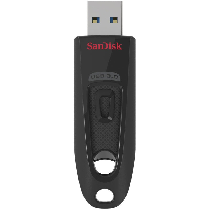 Front view of SanDisk Ultra USB 3.0 Flash Drive showing black housing with red logo and USB connector