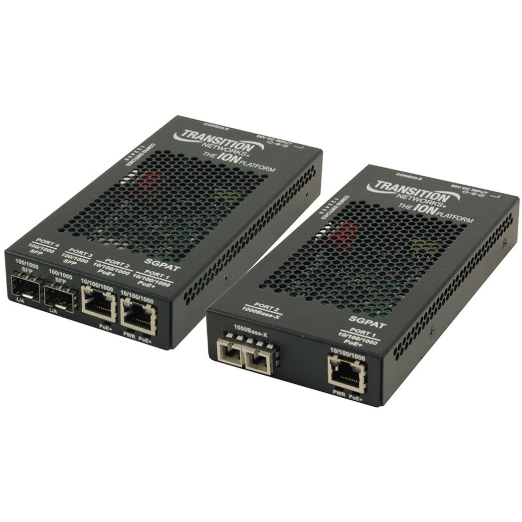 Transition Networks SGPAT1040-105 media converters showing multiple port configurations with PoE+ capability and ventilated chassis design-alternate-image1