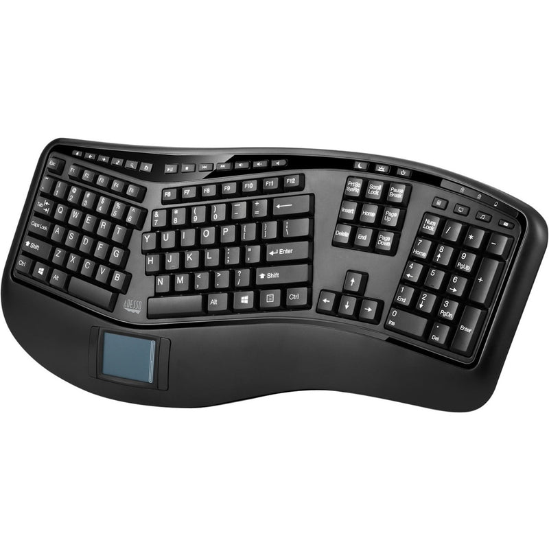 Front view of Adesso WKB-4500UB wireless ergonomic keyboard with split layout and touchpad