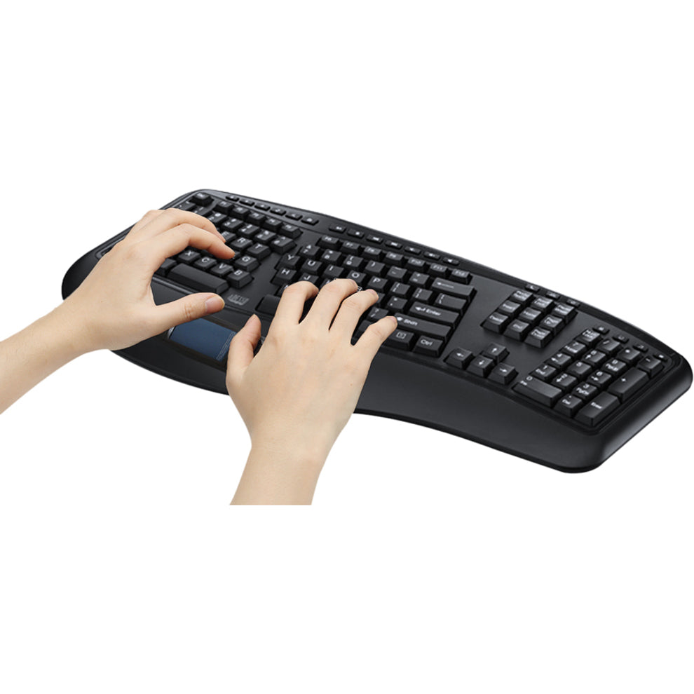 Adesso WKB-4500UB 2.4GHz Wireless Ergonomic Touchpad Keyboard, Quiet Keys, Palm Rest, Split Layout