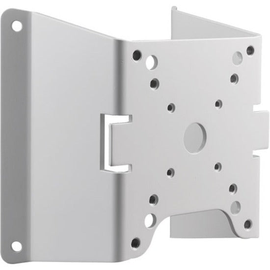 White aluminum corner mount adapter for Bosch security cameras showing mounting holes and bracket design