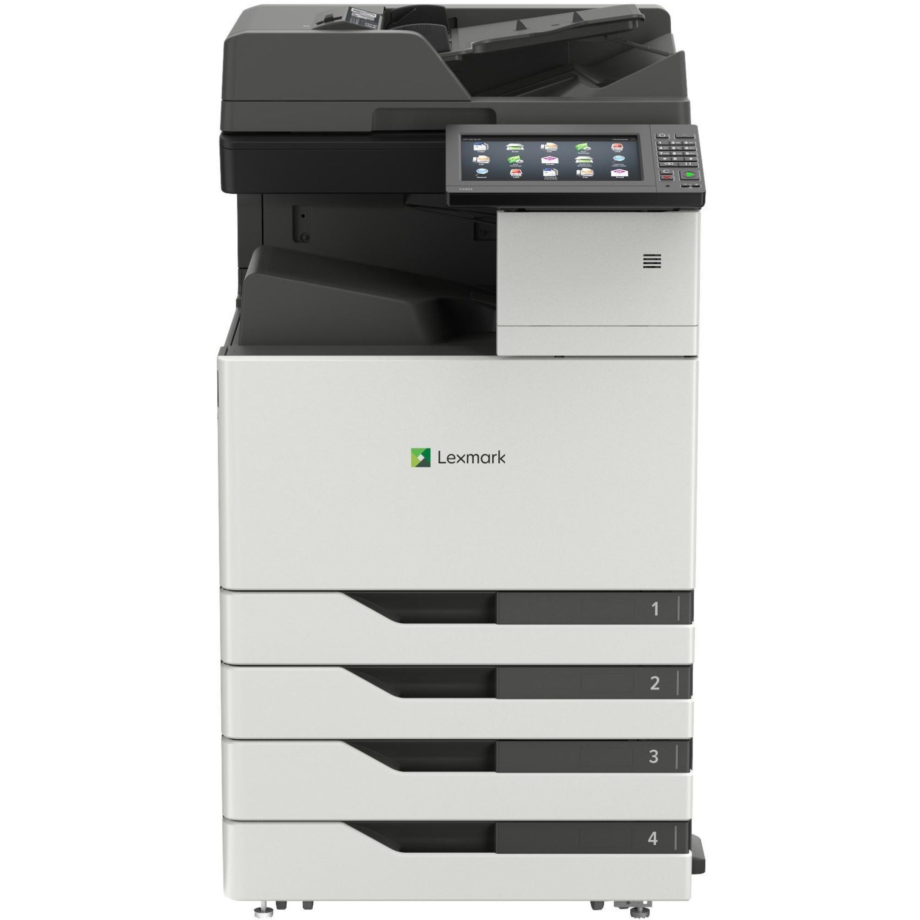 Front view of Lexmark CX924dte multifunction printer showing four paper input trays, touchscreen interface, and document feeder-alternate-image1