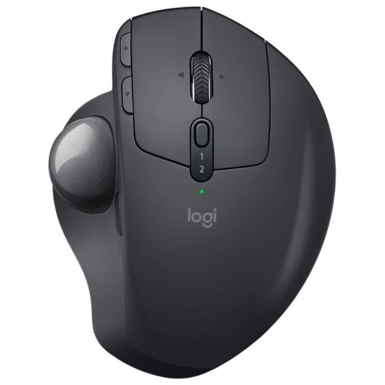 Top view of Logitech MX ERGO PLUS wireless trackball mouse in graphite color showing trackball and button layout