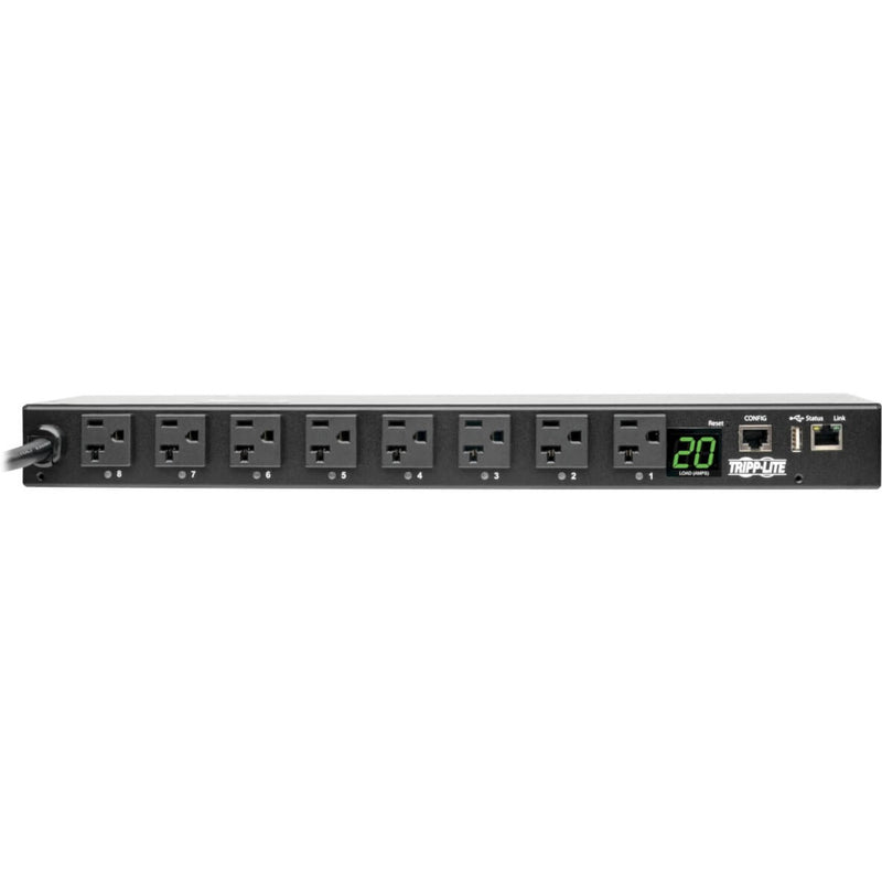 Front view of Tripp Lite PDUMH20NET2LX PDU showing 8 switched outlets and digital display