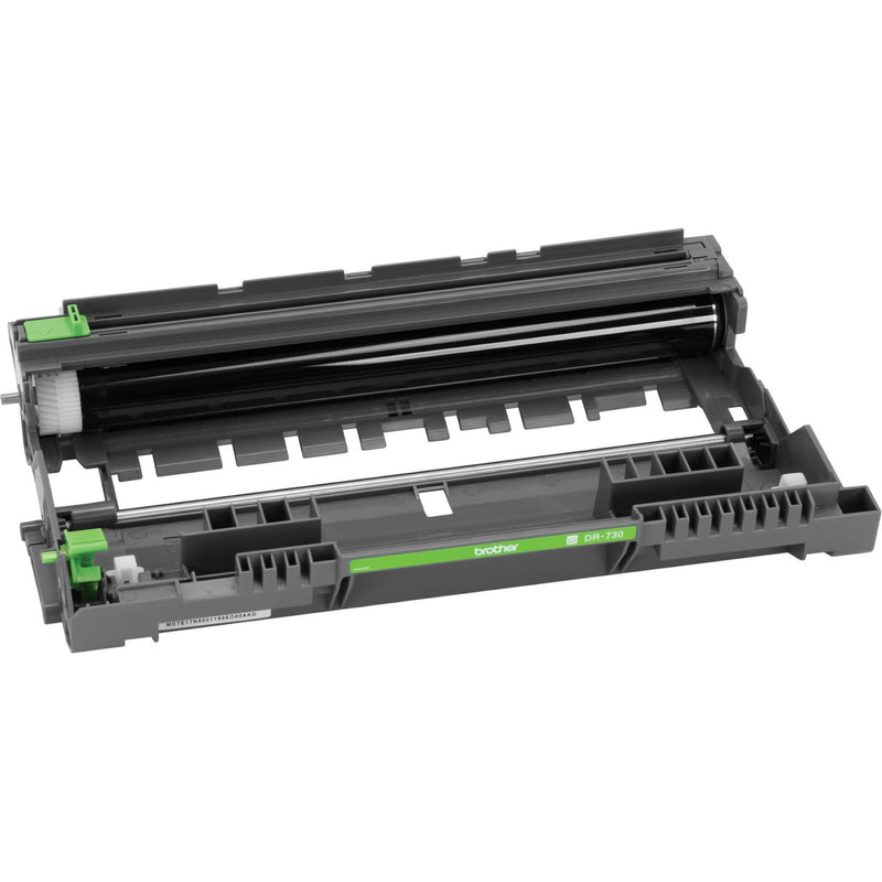 Detailed view of Brother DR-730 drum unit showing internal components and green release tabs