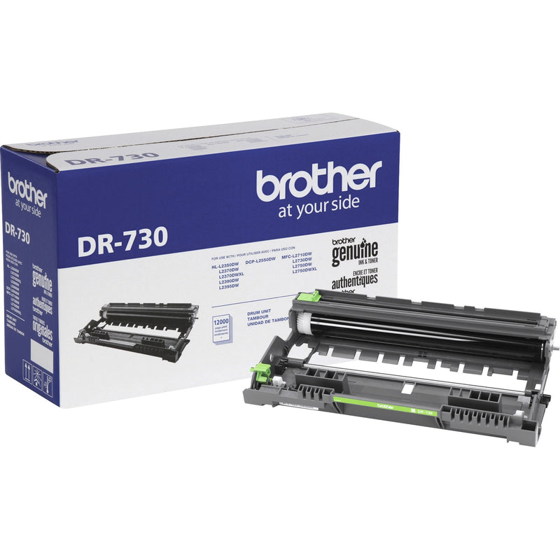 Brother DR-730 drum unit product packaging and unit display showing compatibility with multiple printer models