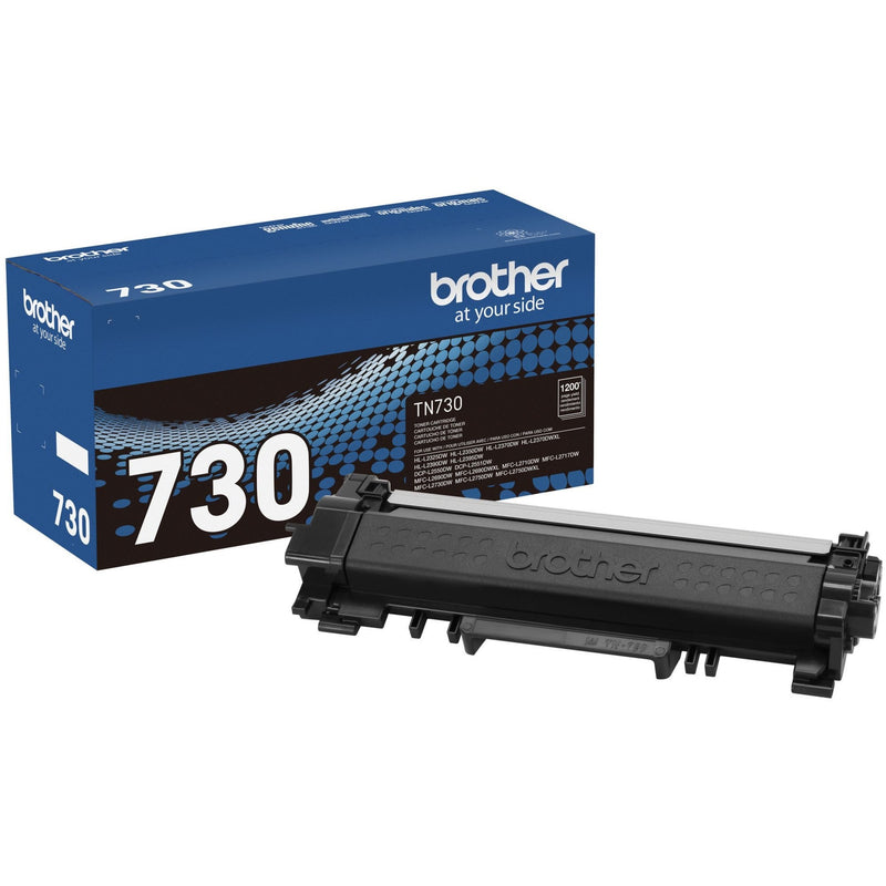 Brother TN-730 black toner cartridge and packaging showing product details and specifications