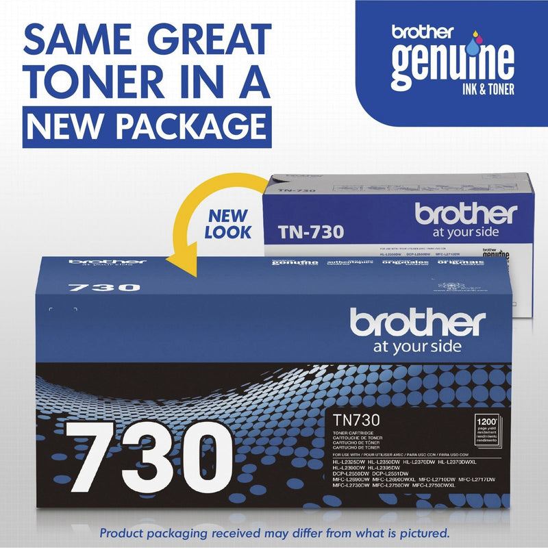 Side-by-side comparison of Brother TN-730 toner cartridge old and new packaging designs