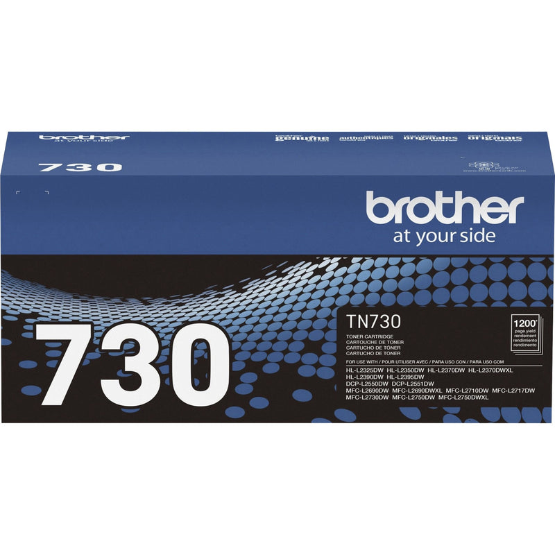 Close-up view of Brother TN-730 toner cartridge packaging showing product details and specifications