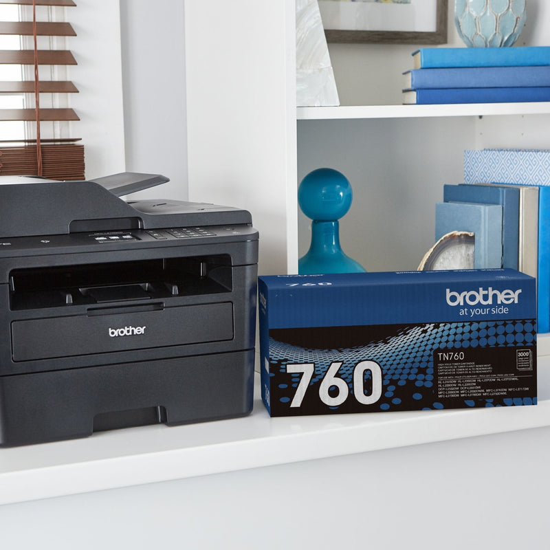 Brother printer with TN-760 toner cartridge displayed in office setting